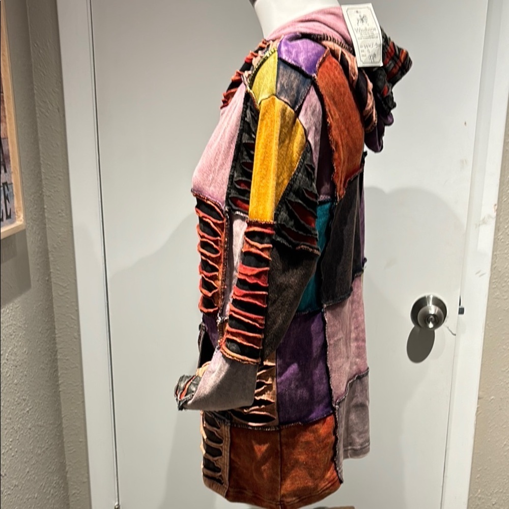 Vibrant Patchwork Hooded Jacket with Purple and Orange Accents - Picture 6 of 9